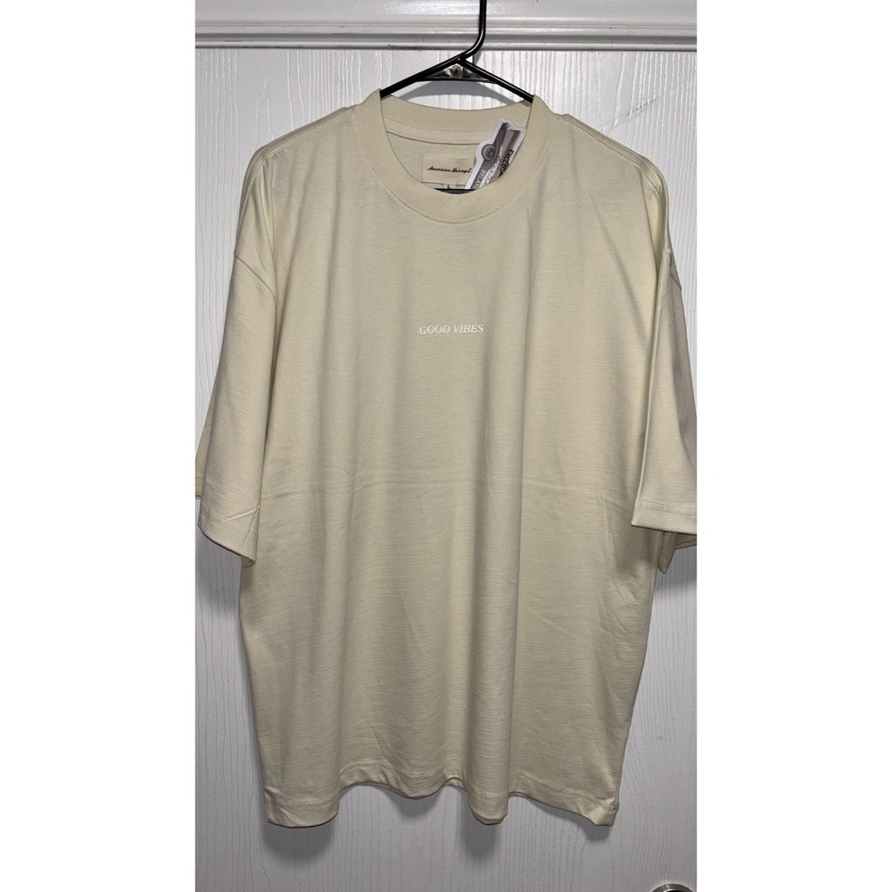AMERICAN GARAGE Men's Boxy-Fit Khaki Thick T-Shirt Size Large‎ Good Vibes